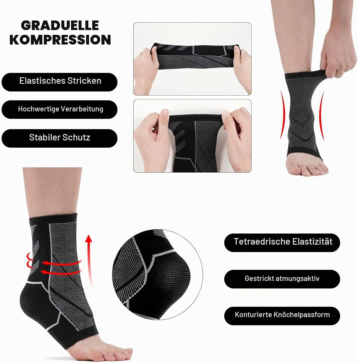 Elastisches Gestrick der Bandage wird mit beiden Händen gedehnt